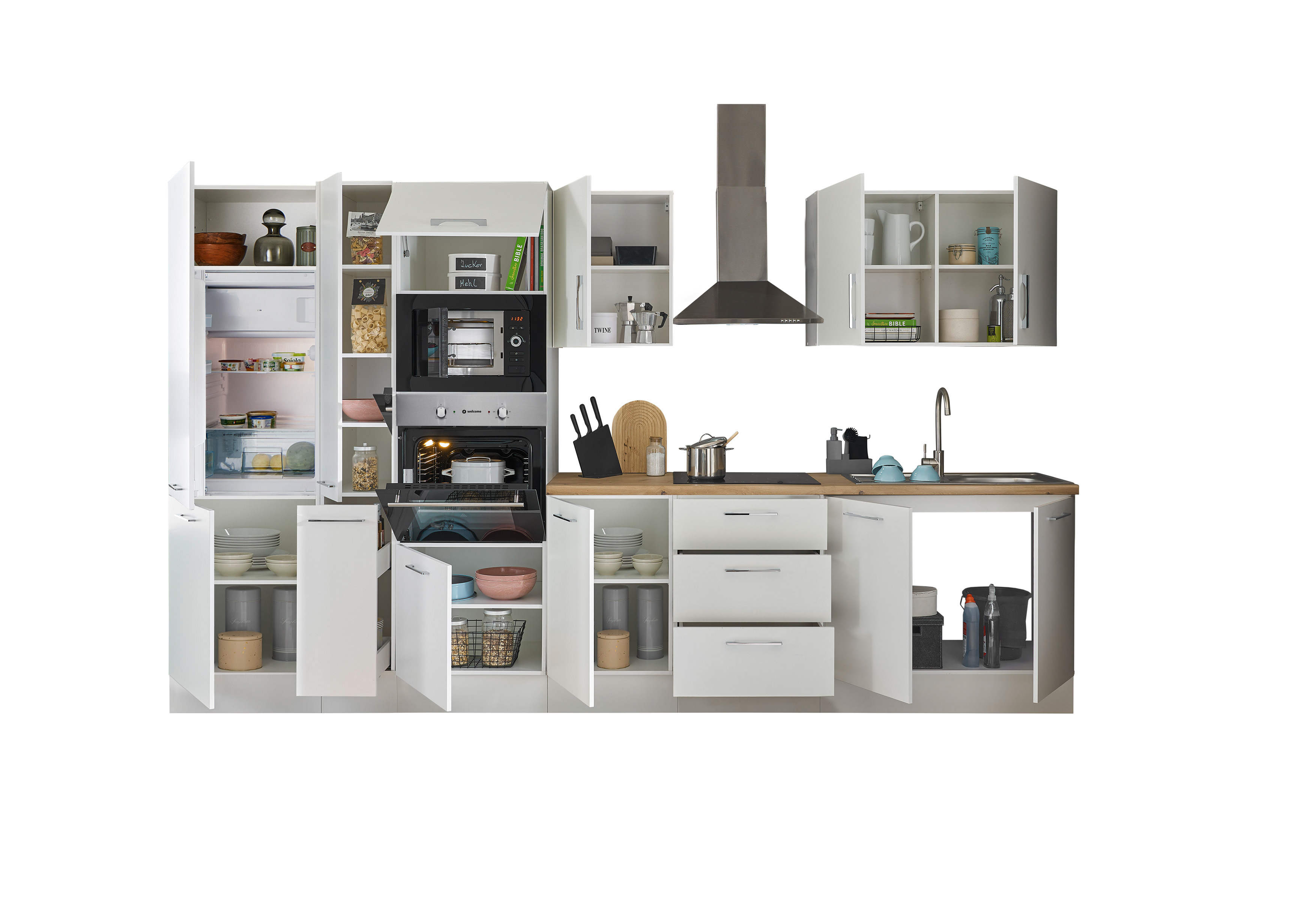 Küchenblock mit E-Geräten CORNWALL (Zeile-Backofen-Kühlschrank-Mikrowelle-Apotheker) I