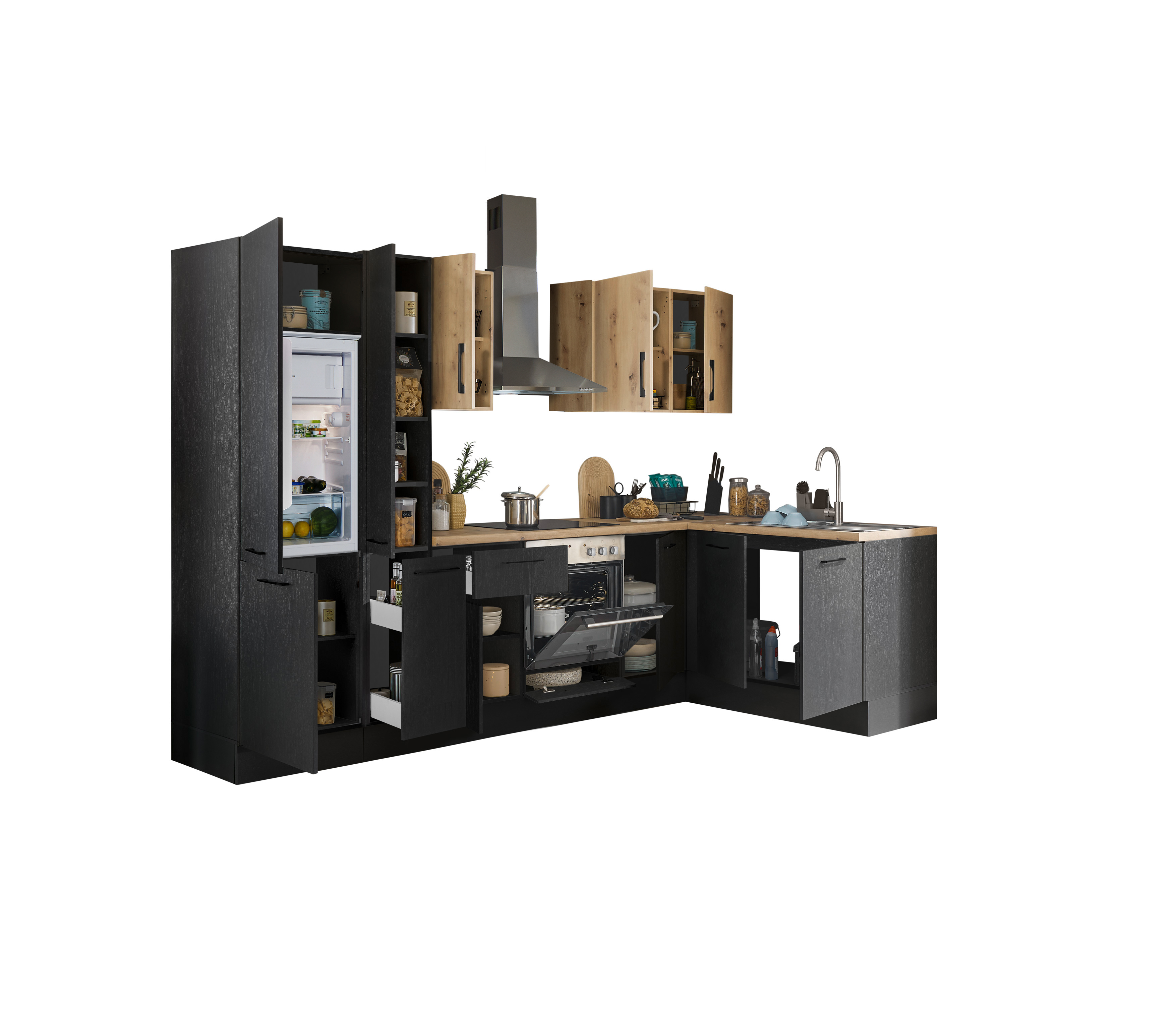 Küchenblock mit E-Geräten CORNWALL (Ecke-Kühlschrank-Apotheker) III