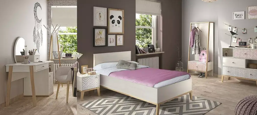 Chambre d'adolescent 6 pièces avec lit de 90 ALIKA 2 en imitation bois de châtaignier blanchi