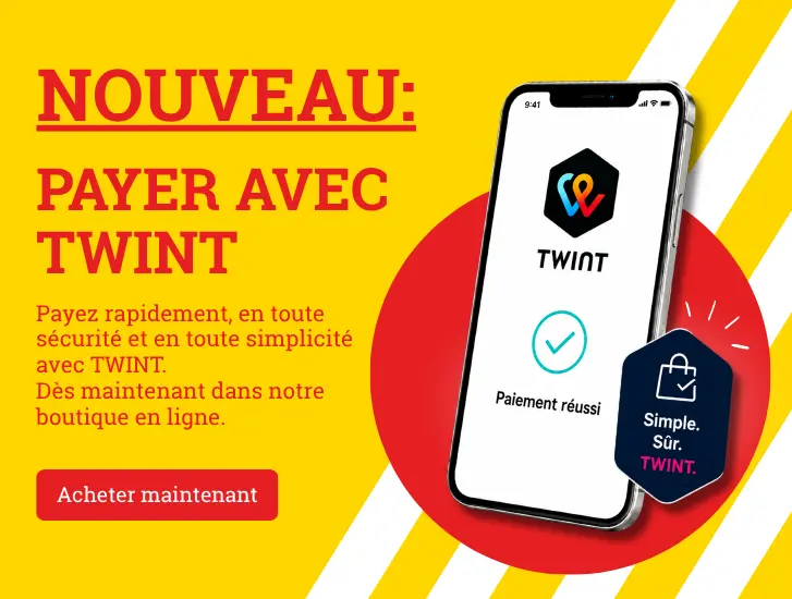 Nouveau : paiement via TWINT. Payez rapidement, en toute sécurité et en toute simplicité avec TWINT. Disponible dès maintenant dans notre boutique en ligne.