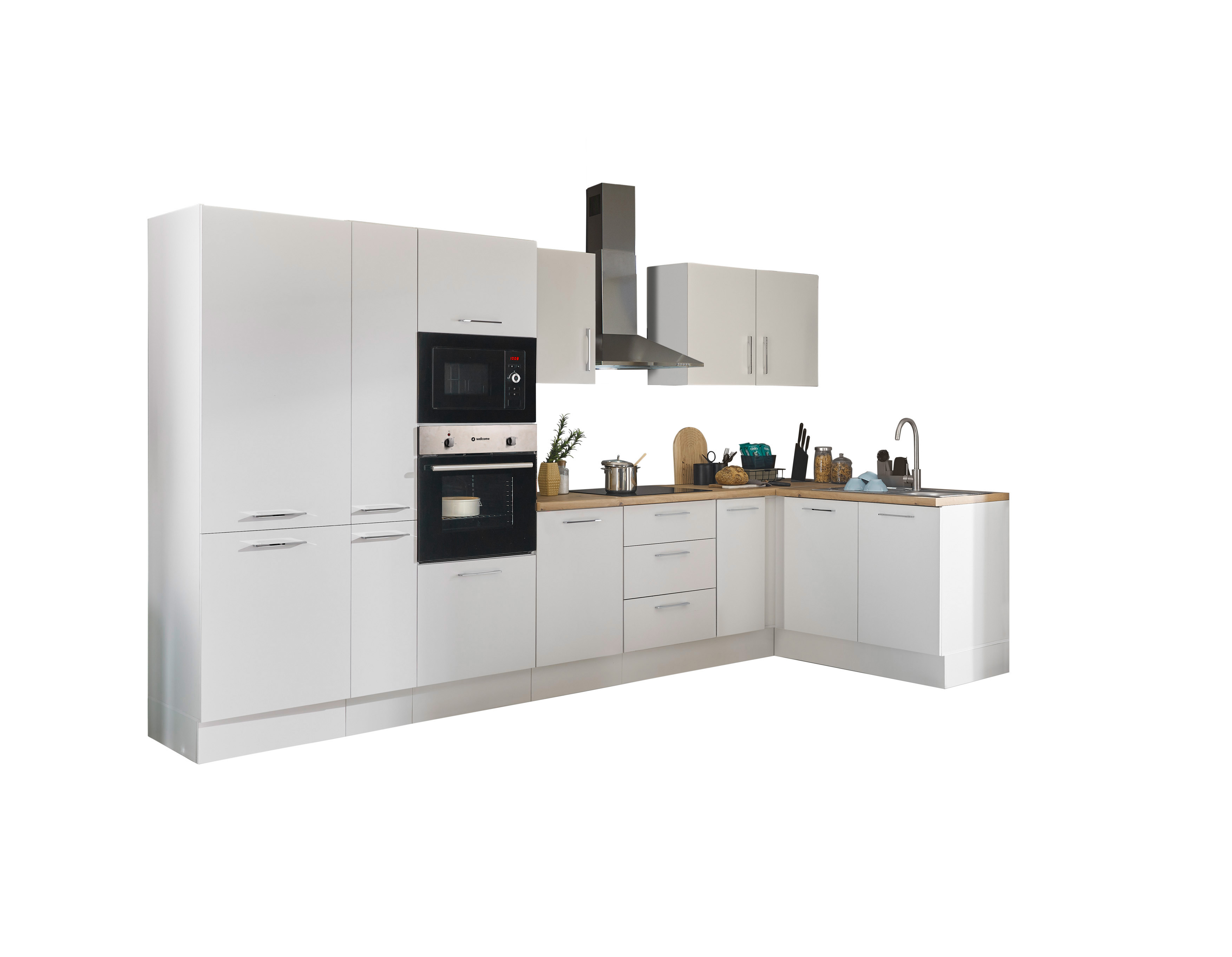 Küchenblock mit E-Geräten CORNWALL (Ecke-Backofen-Kühlschrank-Mikrowelle-Apotheker) I Küchenblock mit E-Geräten CORNWALL (Ecke-Backofen-Kühlschrank-Mikrowelle-Apotheker) I