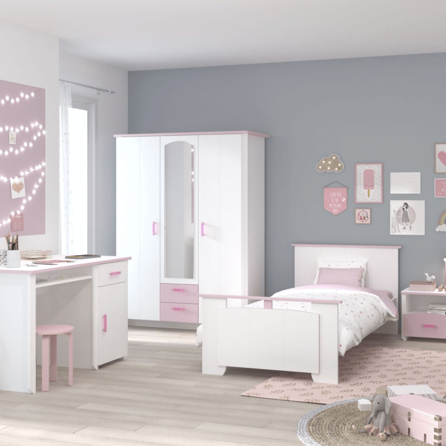 Jugendzimmer - Kombination BIOTIFUL , Weiß kombiniert mit Rosa,  5 Teilig