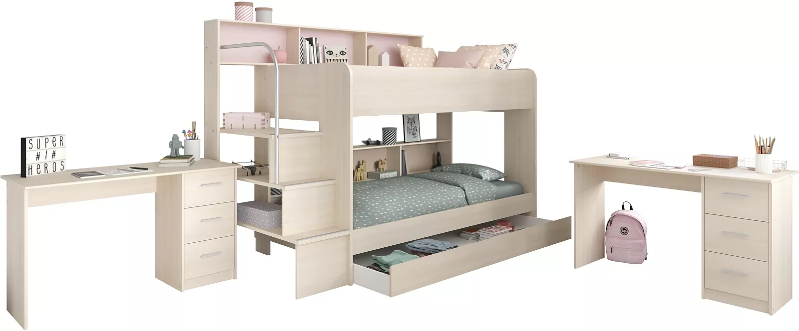 Lit superposé avec tiroir de lit et 2 bureaux BIBOP 73