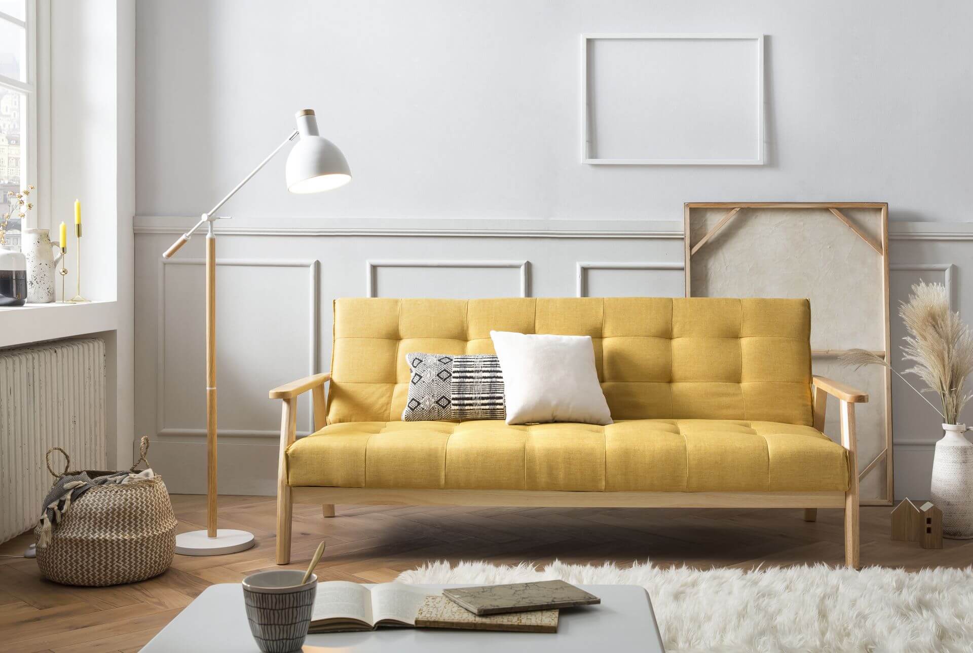 Schlafsofa 3-Sitzer SALESFEVER im skandinavischen Stil, Farbe senfgelb, mit Relaxfunktion, um 60° neigbar
