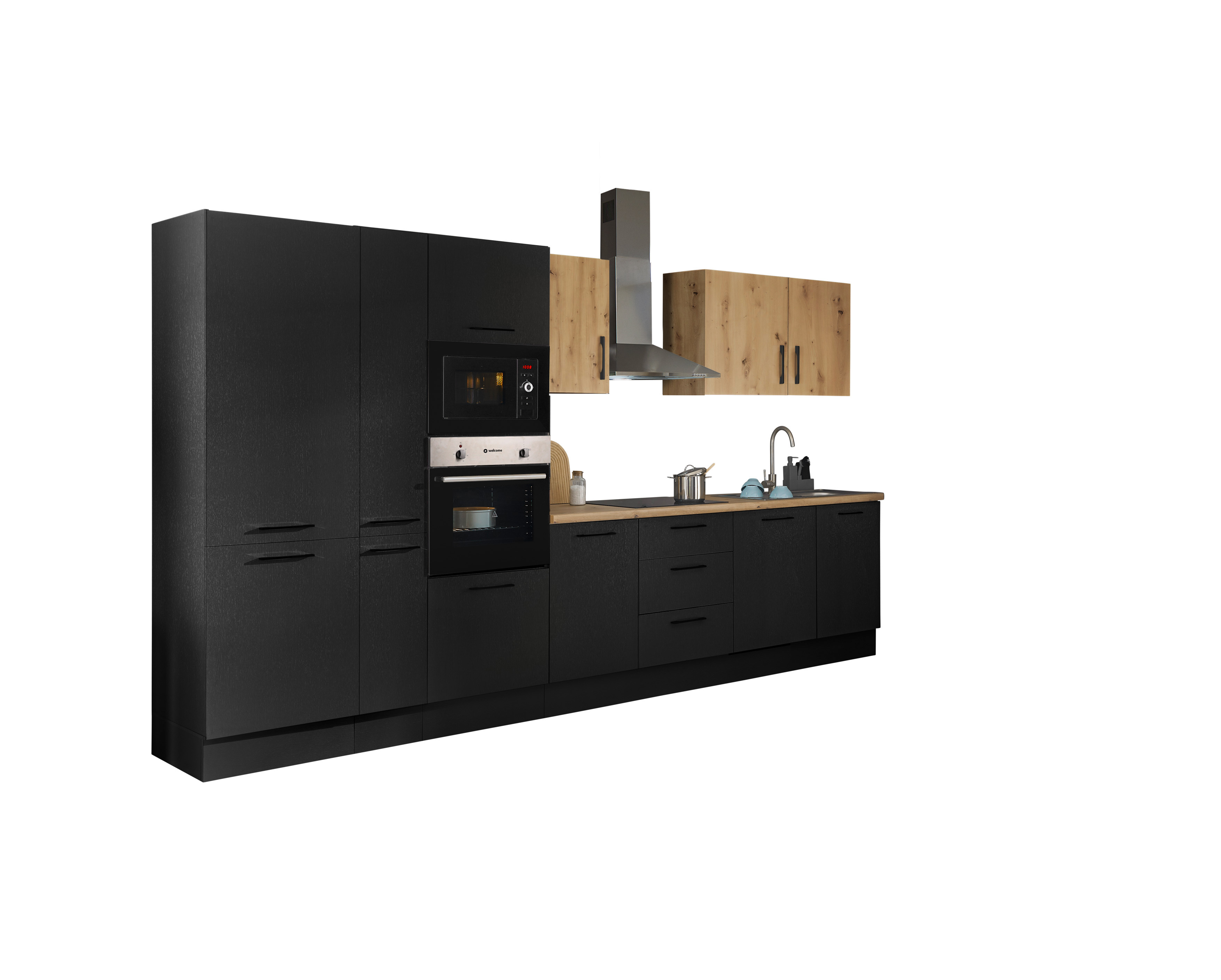 Küchenblock mit E-Geräten CORNWALL (Zeile-Backofen-Geschirrspüler-Kühlschrank-Mikrowelle-Apotheker) III