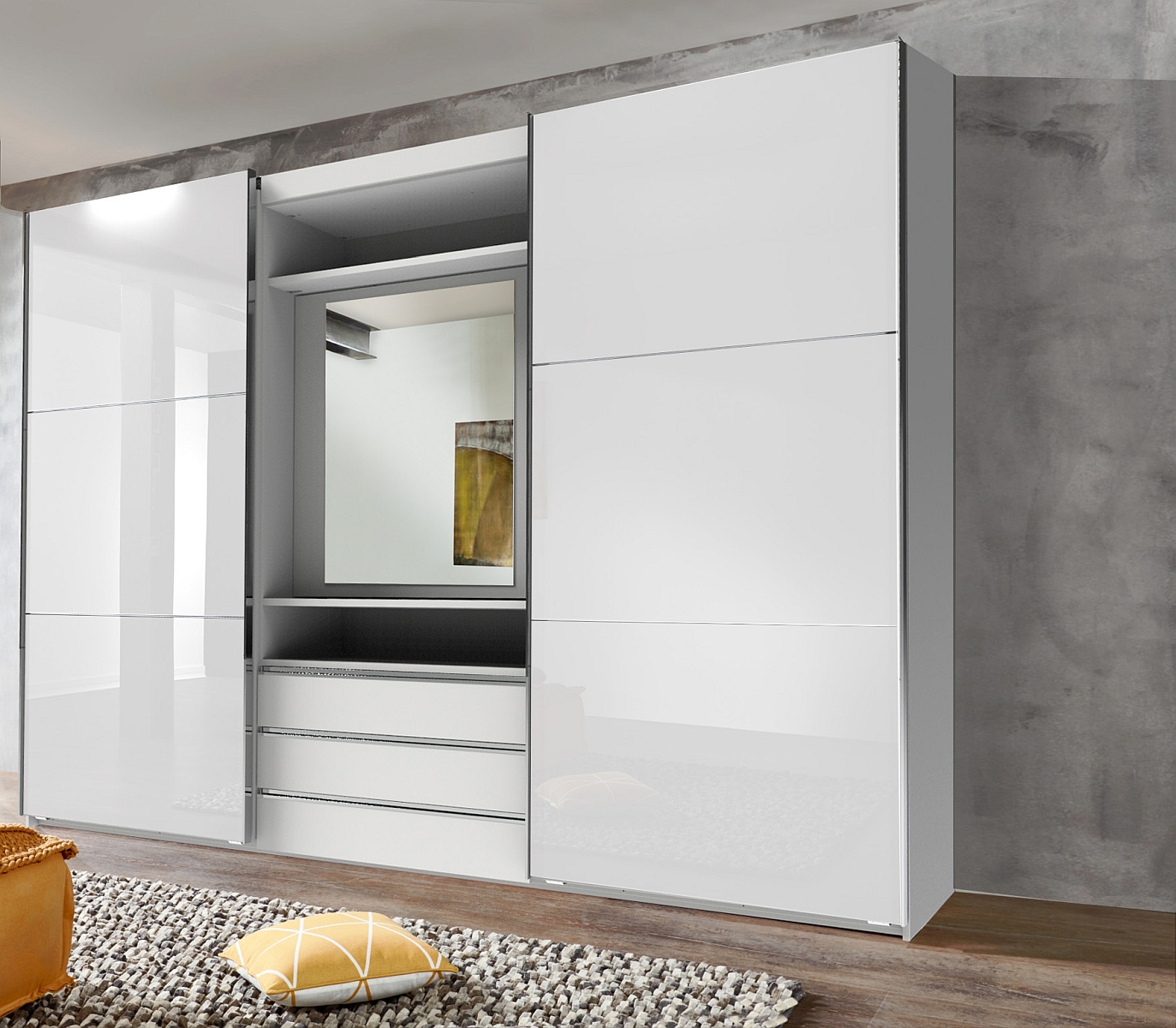 Armoire à portes coulissantes avec miroir pivotant intégré MAGIC GLAS verre ton blanc blanc