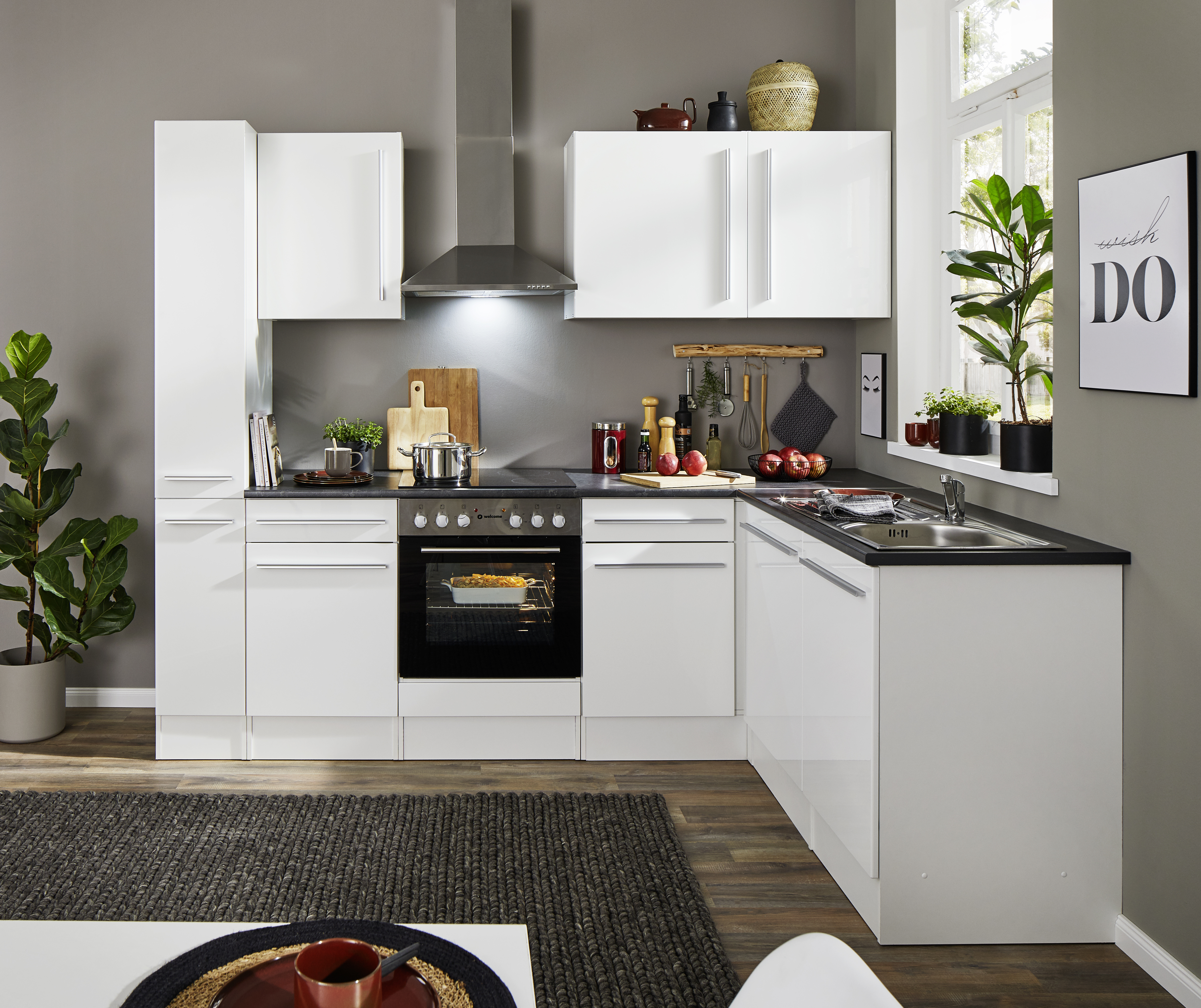 Bloc cuisine avec électroménager JAZZ 8 (cuisine d'angle - armoire coulissante) I Bloc cuisine avec électroménager JAZZ 8 (cuisine d'angle - armoire coulissante) I