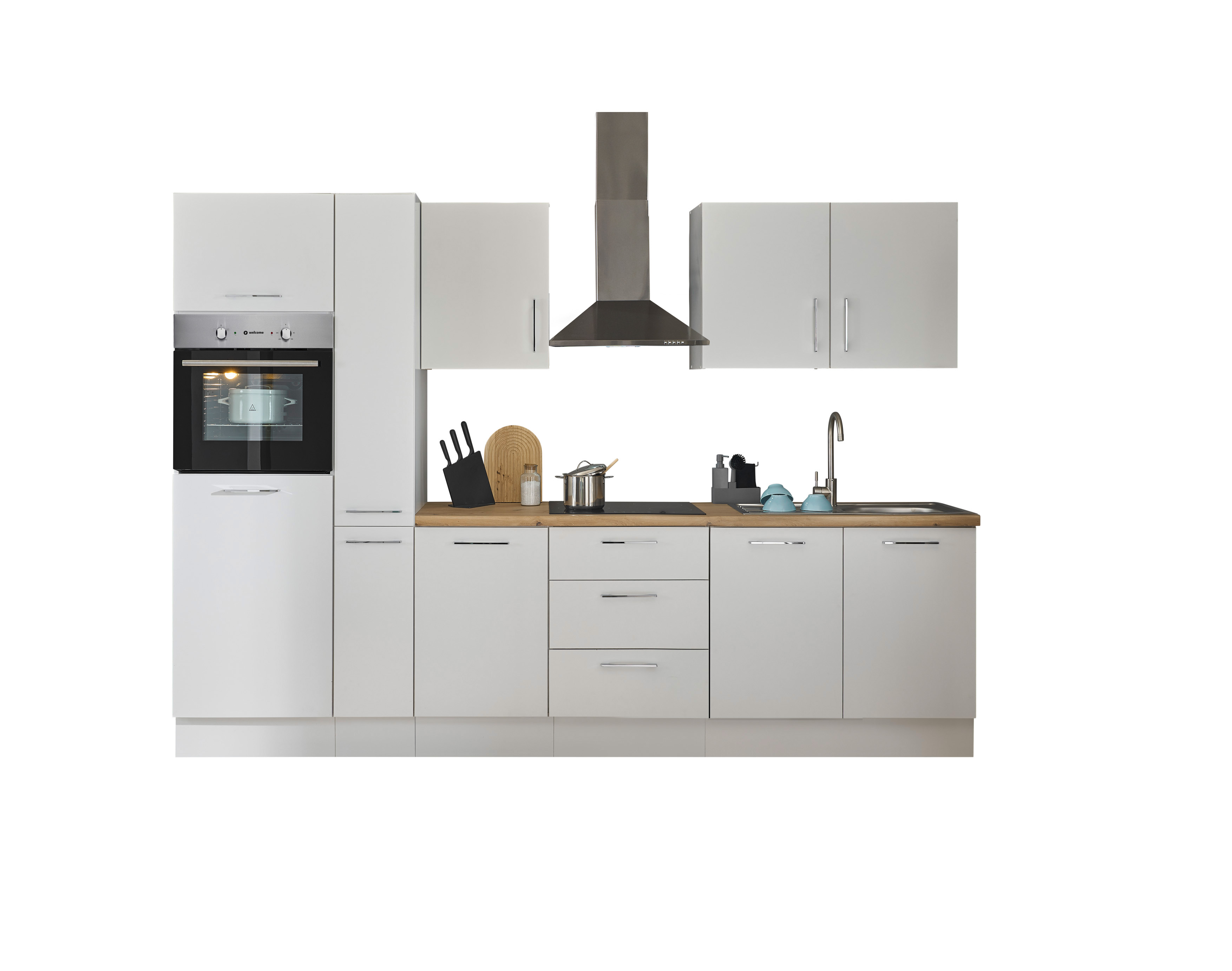 Küchenblock mit E-Geräten CORNWALL (Zeile-Backofen-Kühlschrank-Apotheker) I Küchenblock mit E-Geräten CORNWALL (Zeile-Backofen-Kühlschrank-Apotheker) I