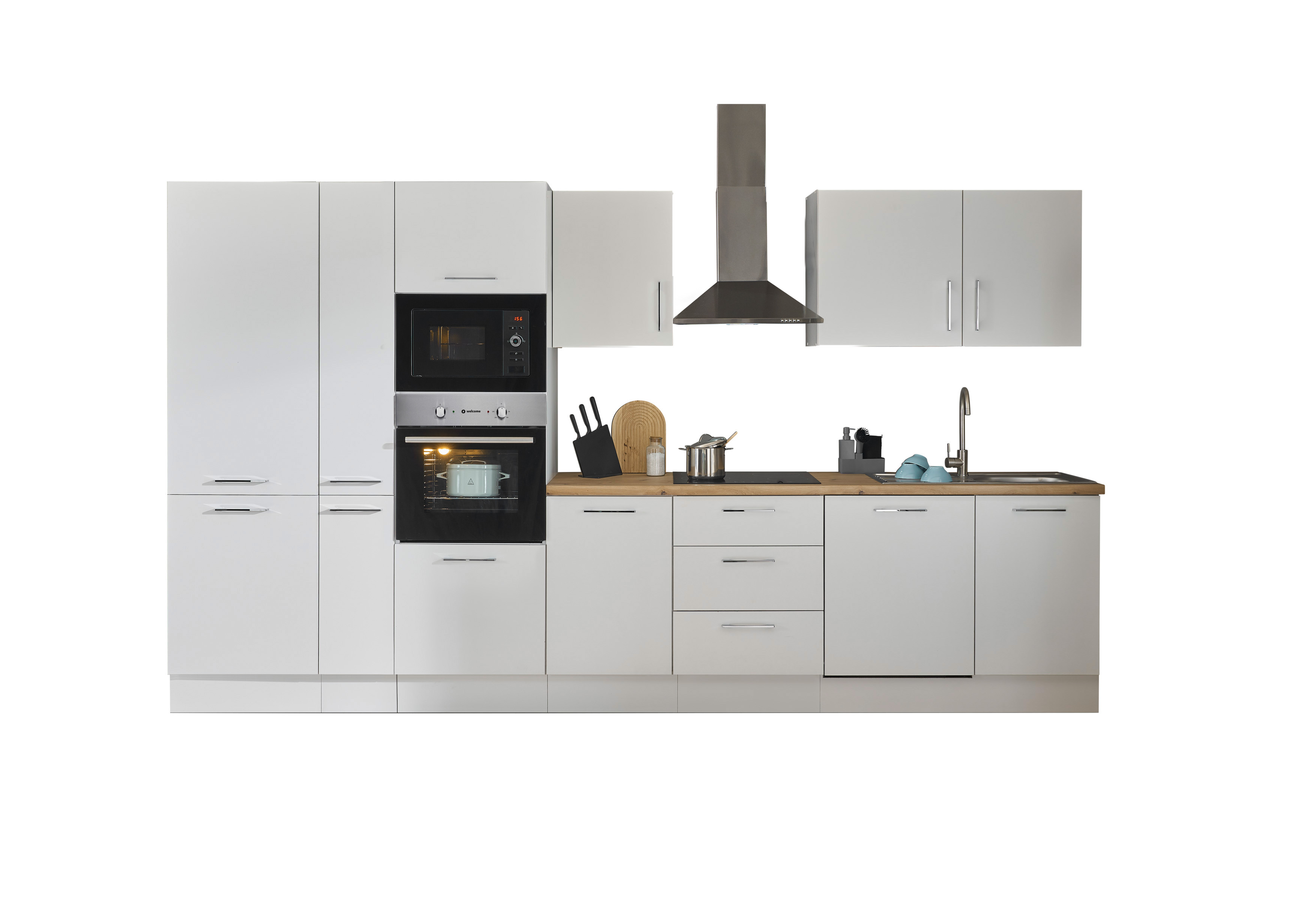 Küchenblock mit E-Geräten CORNWALL (Zeile-Backofen-Geschirrspüler-Kühlschrank-Mikrowelle-Apotheker) I Küchenblock mit E-Geräten CORNWALL (Zeile-Backofen-Geschirrspüler-Kühlschrank-Mikrowelle-Apotheker) I