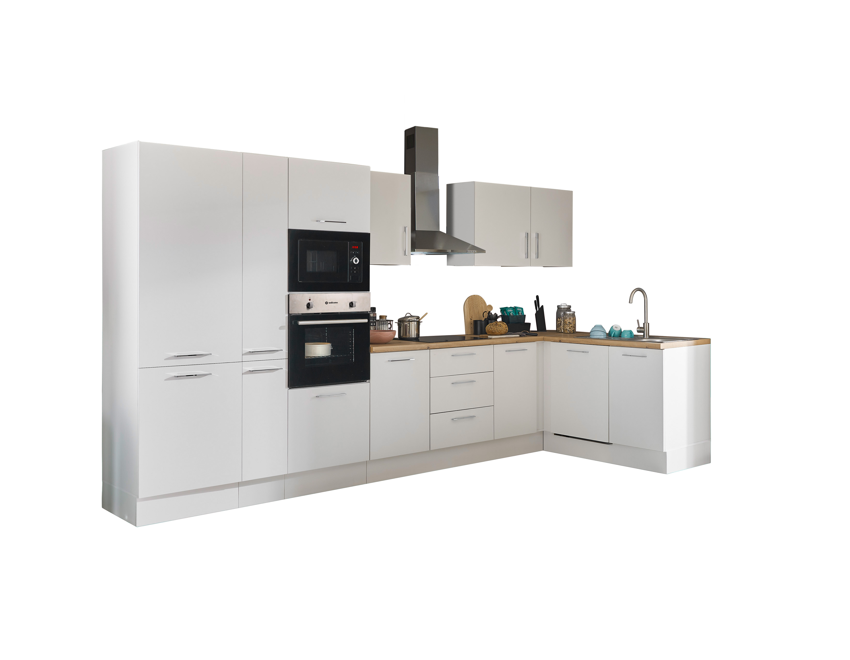 Küchenblock mit E-Geräten CORNWALL (Ecke-Backofen-Geschirrspüler-Kühlschrank-Mikrowelle-Apotheker) I Küchenblock mit E-Geräten CORNWALL (Ecke-Backofen-Geschirrspüler-Kühlschrank-Mikrowelle-Apotheker) I