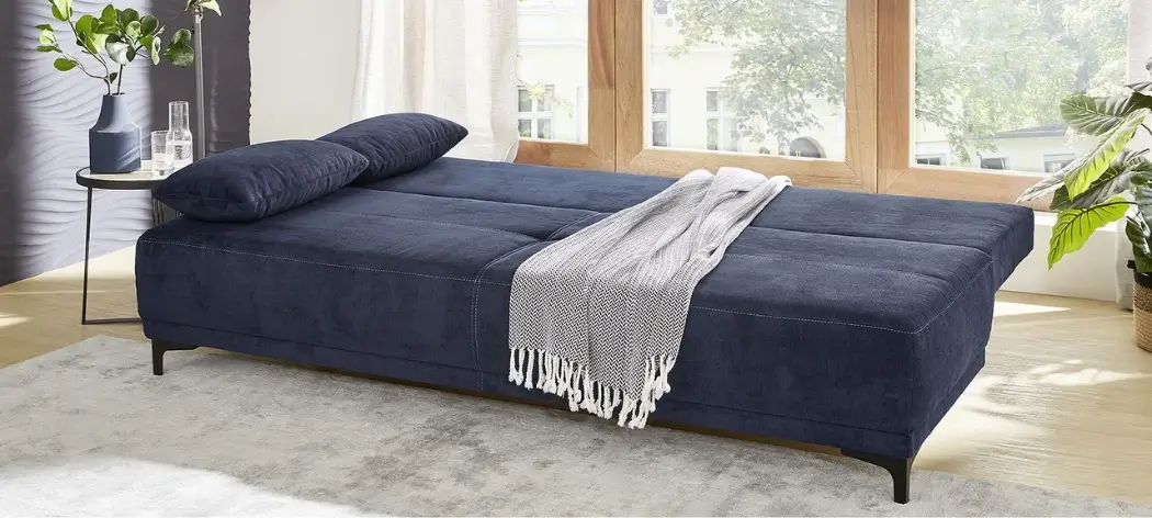 Canapé convertible LUIGI Canapé-lit bleu foncé LUIGI en aspect velours avec coffre de lit intégré et rembourrage en mousse de haute qualité. L/H/P env. 196/81/83 cm