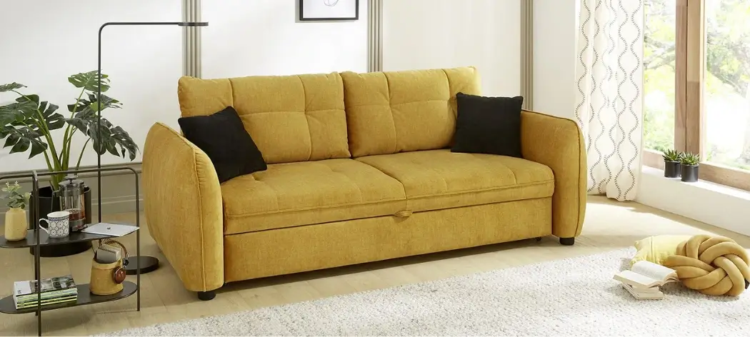 Canapé-lit SASCHA en jaune avec fonction lit d'appoint et rembourrage en mousse de haute qualité avec ressorts ondulés. L/H/P env. 227/93/110 cm