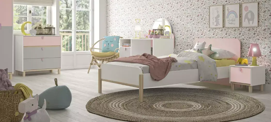 Kinderzimmer 5-teilig LUCIA in Weiß kombiniert mit Rosa und Grau