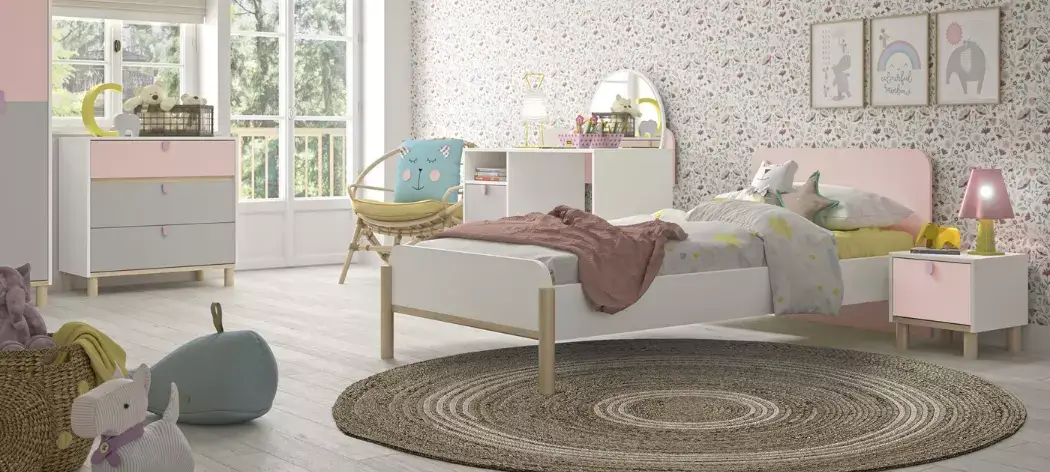 Chambre d'enfant 5 pièces LUCIA en blanc combiné avec du rose et du gris