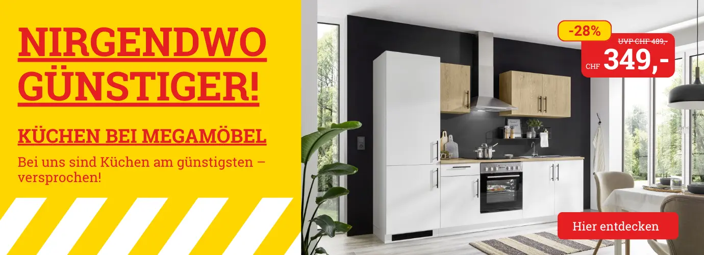 Nirgendwo günstiger: Küchen bei Mega Möbel. Bei uns sind Küchen am günstigsten – versprochen!
