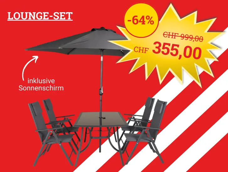 DEAL der Woche! Garten-Essgruppe inklusive Sonnenschirm. Hier entdecken>