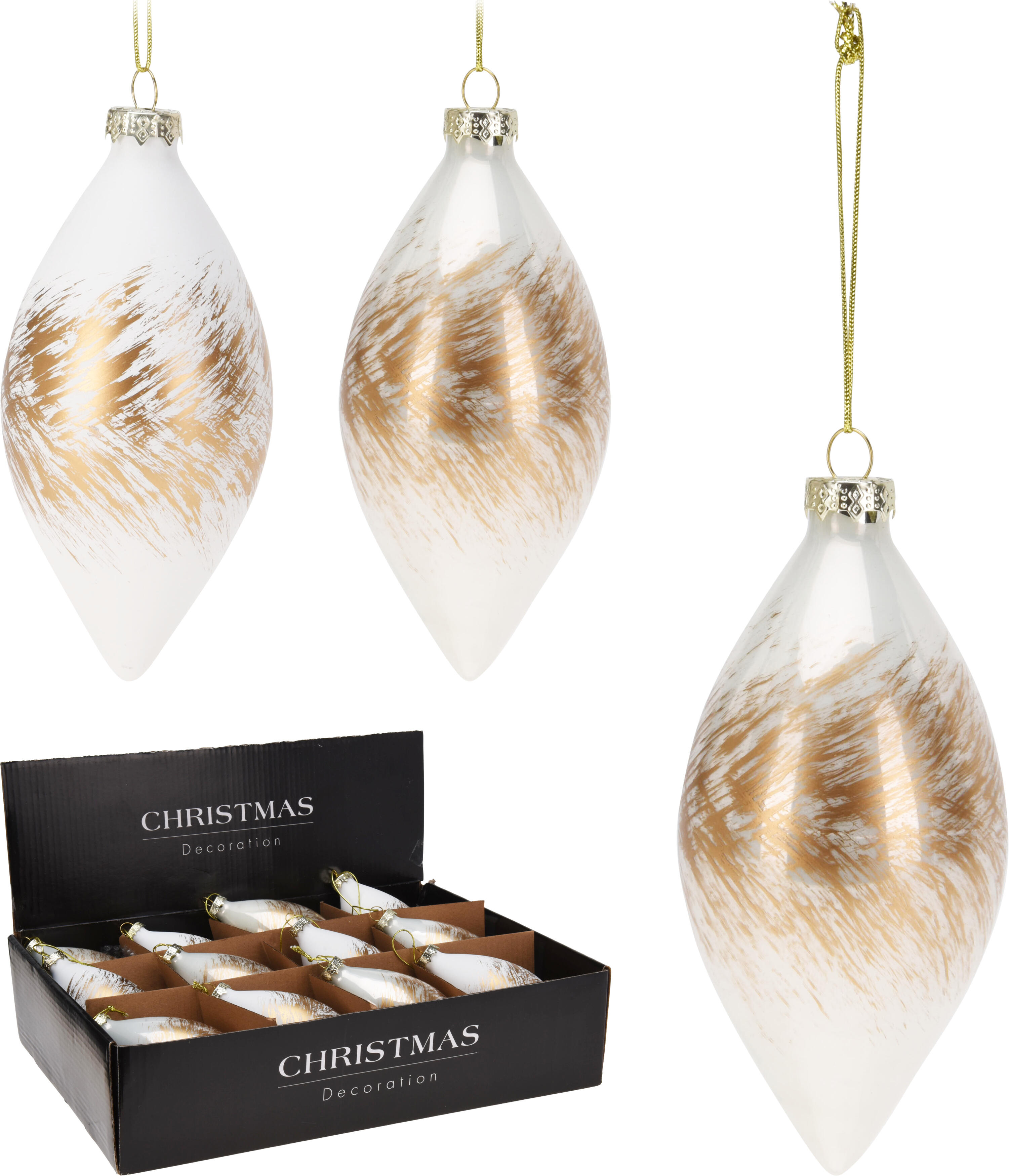 Weihnachtskugel Tropfen weiß/gold CHRISTMAS