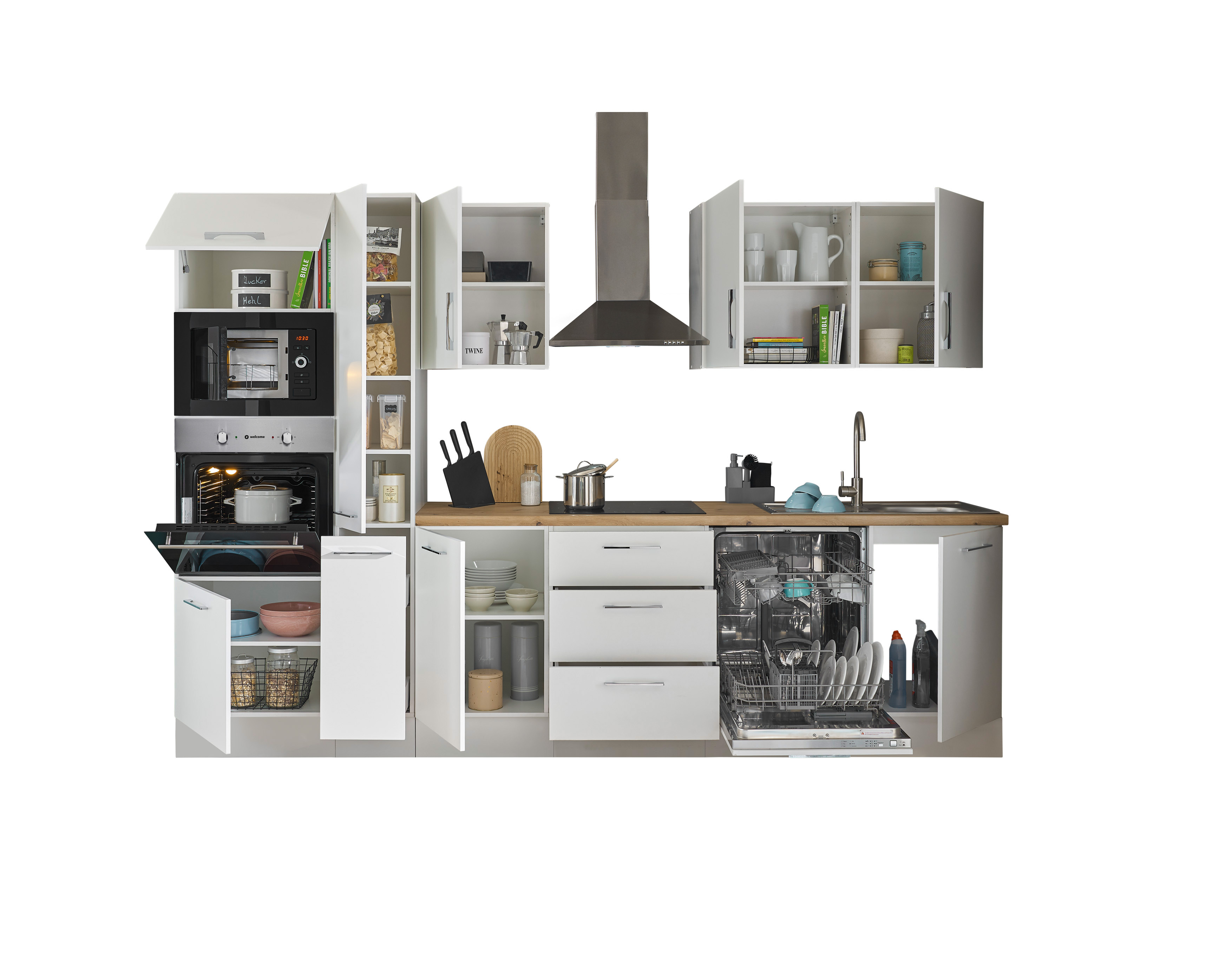 Bloc cuisine avec électroménager CORNWALL (bloc cuisine-four-lave-vaisselle-micro-ondes-armoire coulissante) I