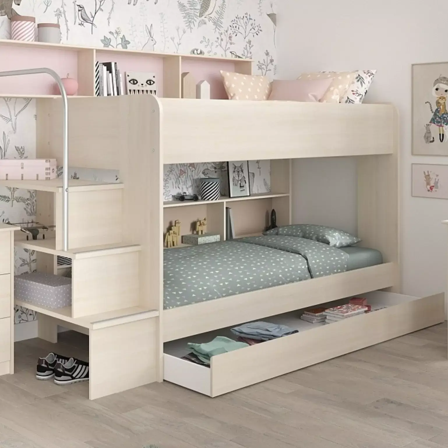Lit superposé avec tiroir de lit et 2 bureaux BIBOP 73 en imitation bois d'acacia