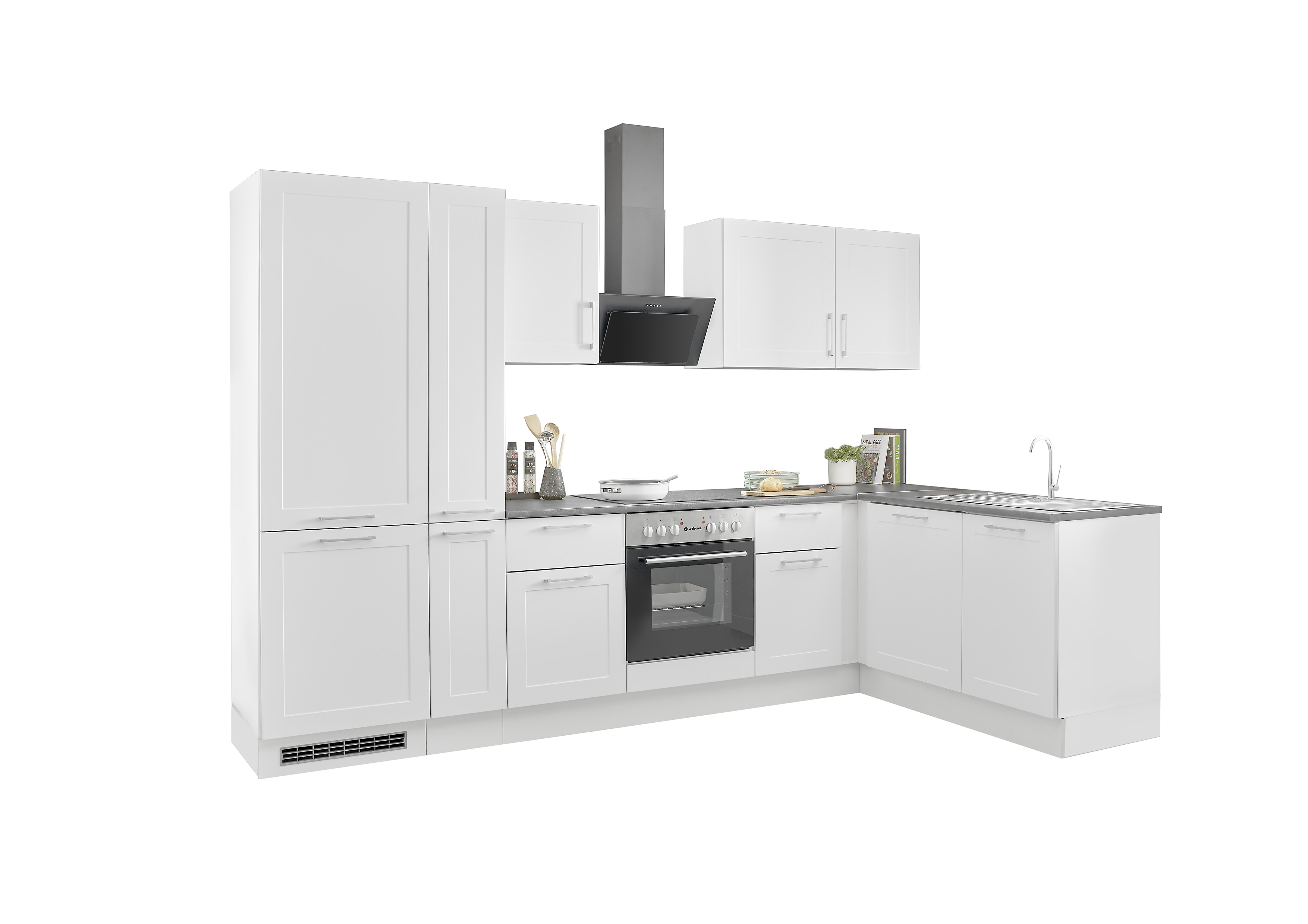 Küchenblock mit E-Geräten HASTINGS  (Ecke-Kühlschrank-Apotheker) I Küchenblock mit E-Geräten HASTINGS  (Ecke-Kühlschrank-Apotheker) I