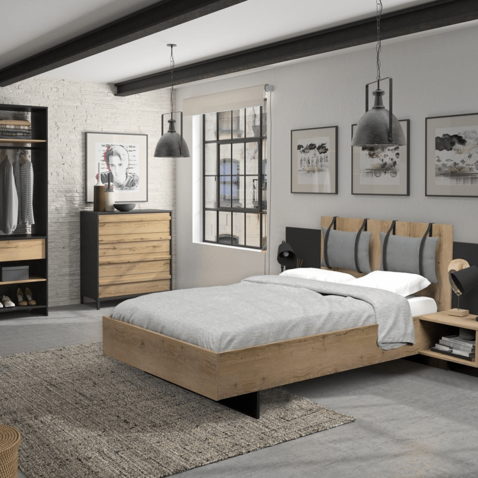 Chambre à coucher 4 pièces MIMIZAN au look industriel moderne, imitation bois de chêne Helvezia combiné avec des contrastes en noir