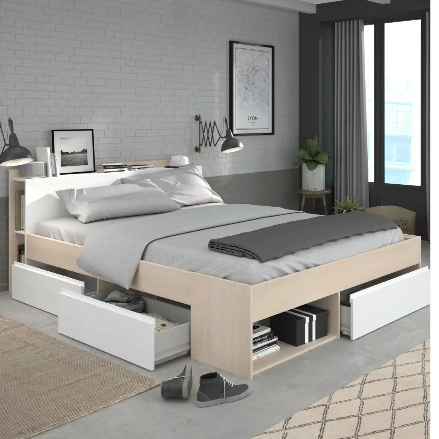 Chambre à coucher MOST en imitation bois d'acacia combiné avec du blanc . Surface de couchage 140x200cm