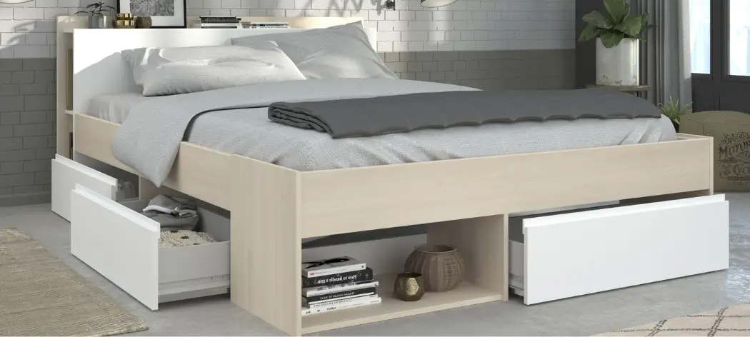 Chambre à coucher MOST en imitation bois d'acacia combiné avec du blanc . Surface de couchage 140x200cm