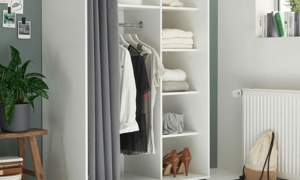 Kleiderschrank mit Stoffvorhang JENKE,  Stoffvorhang in grau, Korpus: weiß, B/H/T ca. 100/145/50 cm