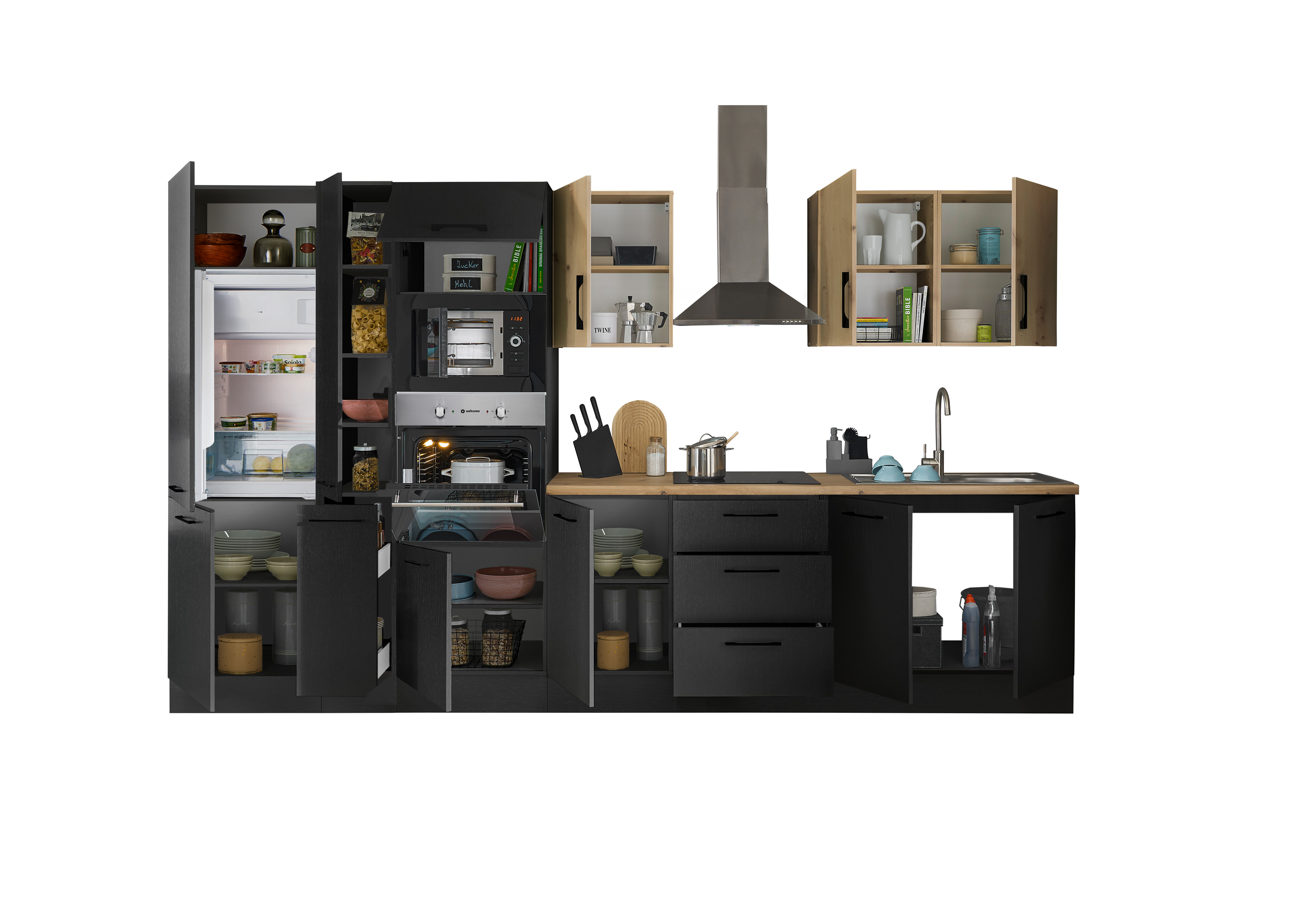Küchenblock mit E-Geräten CORNWALL (Zeile-Backofen-Kühlschrank-Mikrowelle-Apotheker) III