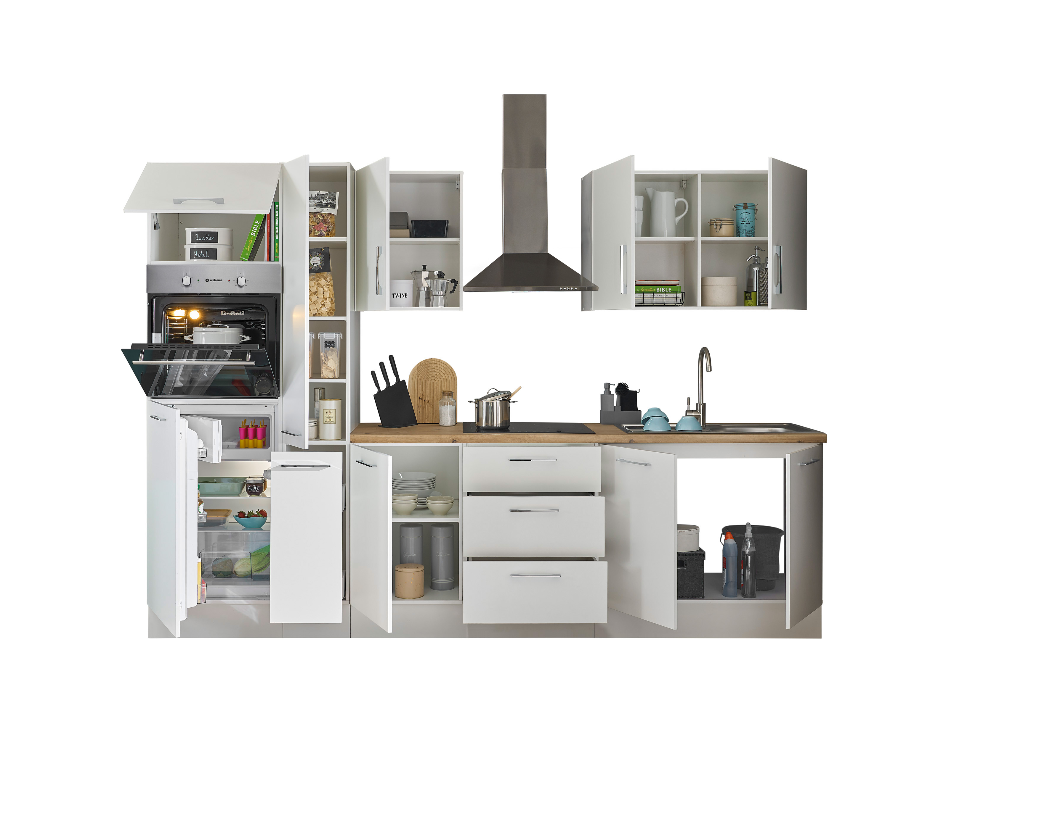 Küchenblock mit E-Geräten CORNWALL (Zeile-Backofen-Kühlschrank-Apotheker) I