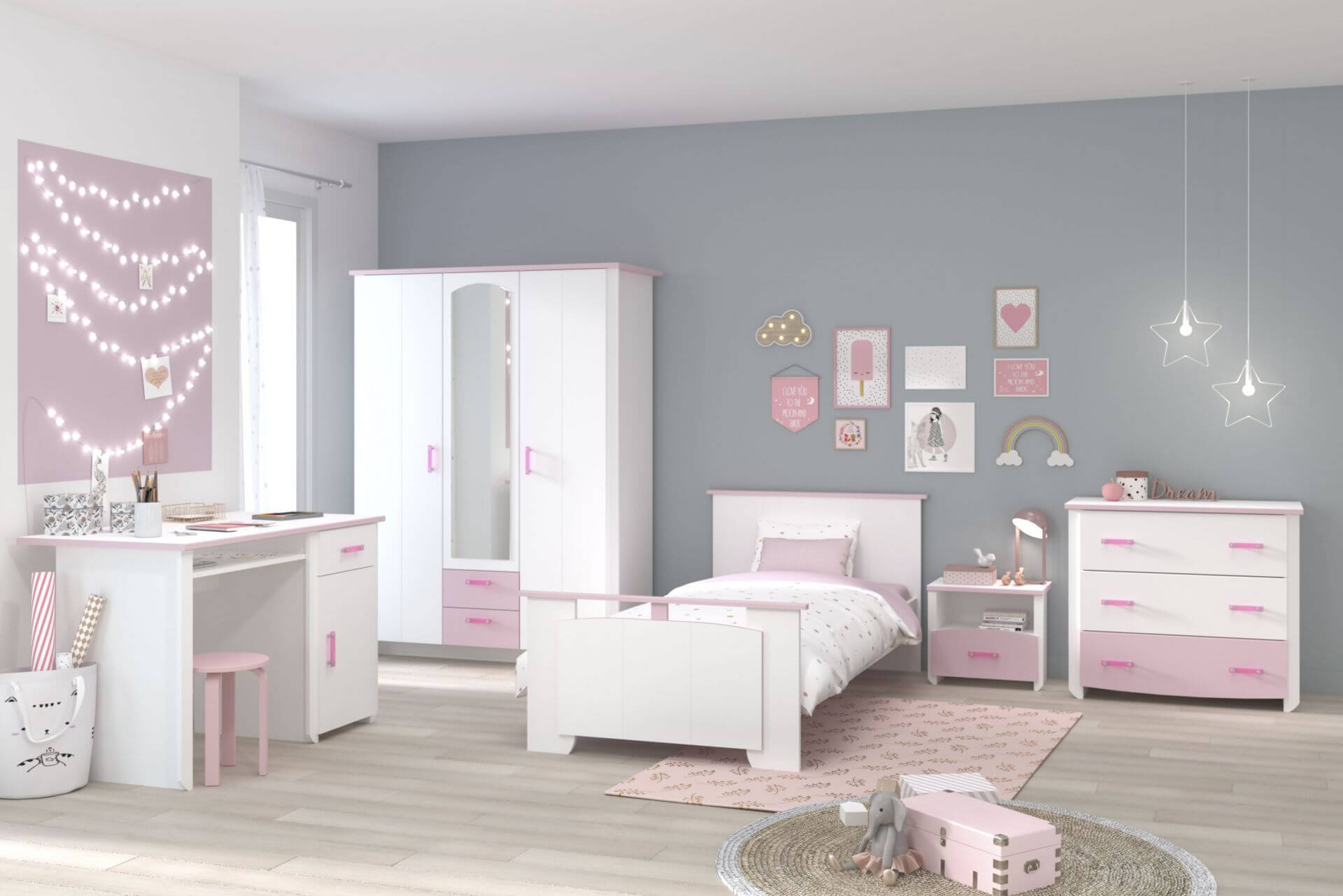 Chambre d'enfant combinée BIOTIFUL 13, ton blanc et rose