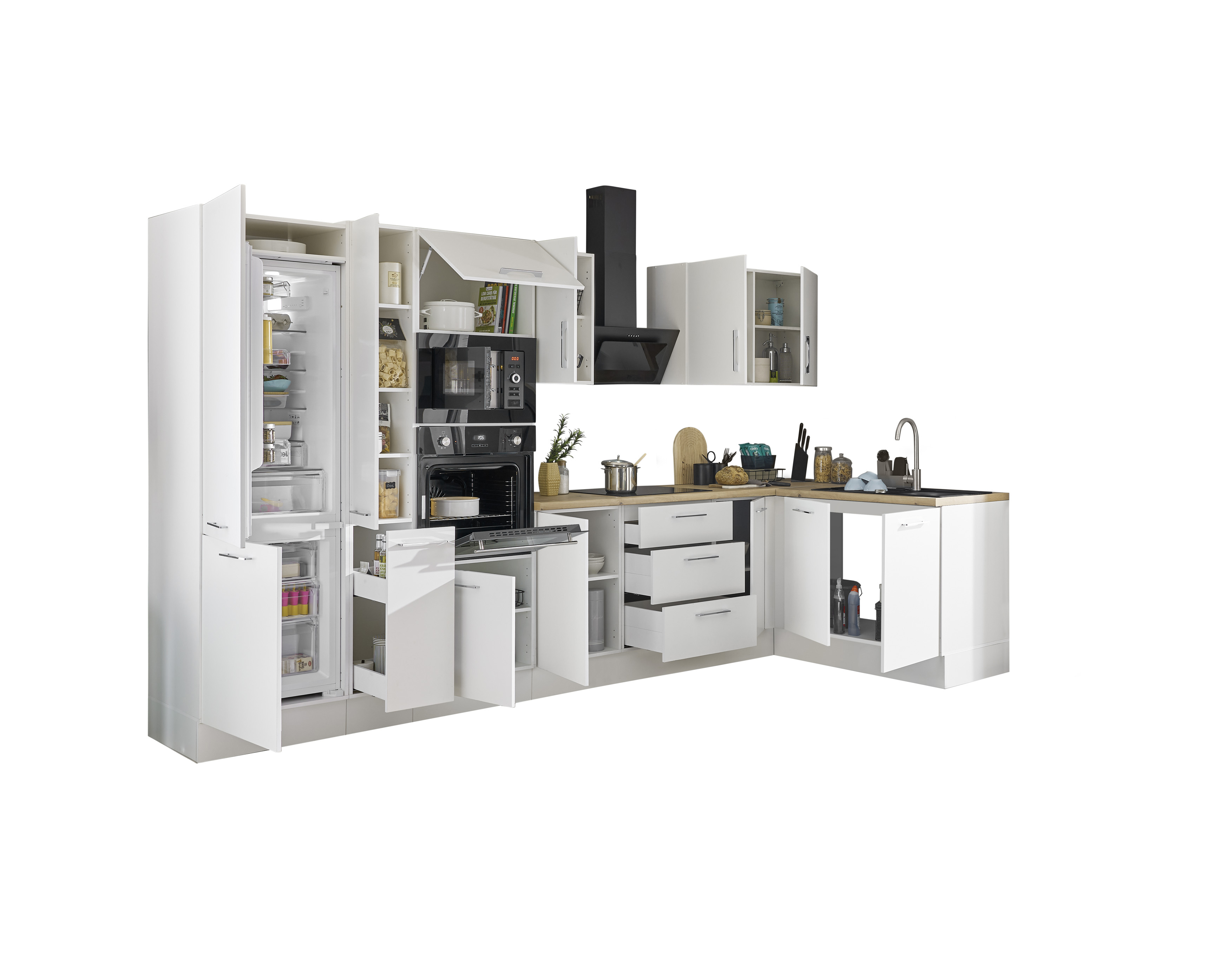 Bloc cuisine avec électroménager CORNWALL (cuisine d'angle-four-réfrigérateur-micro-ondes-armoire coulissante) II