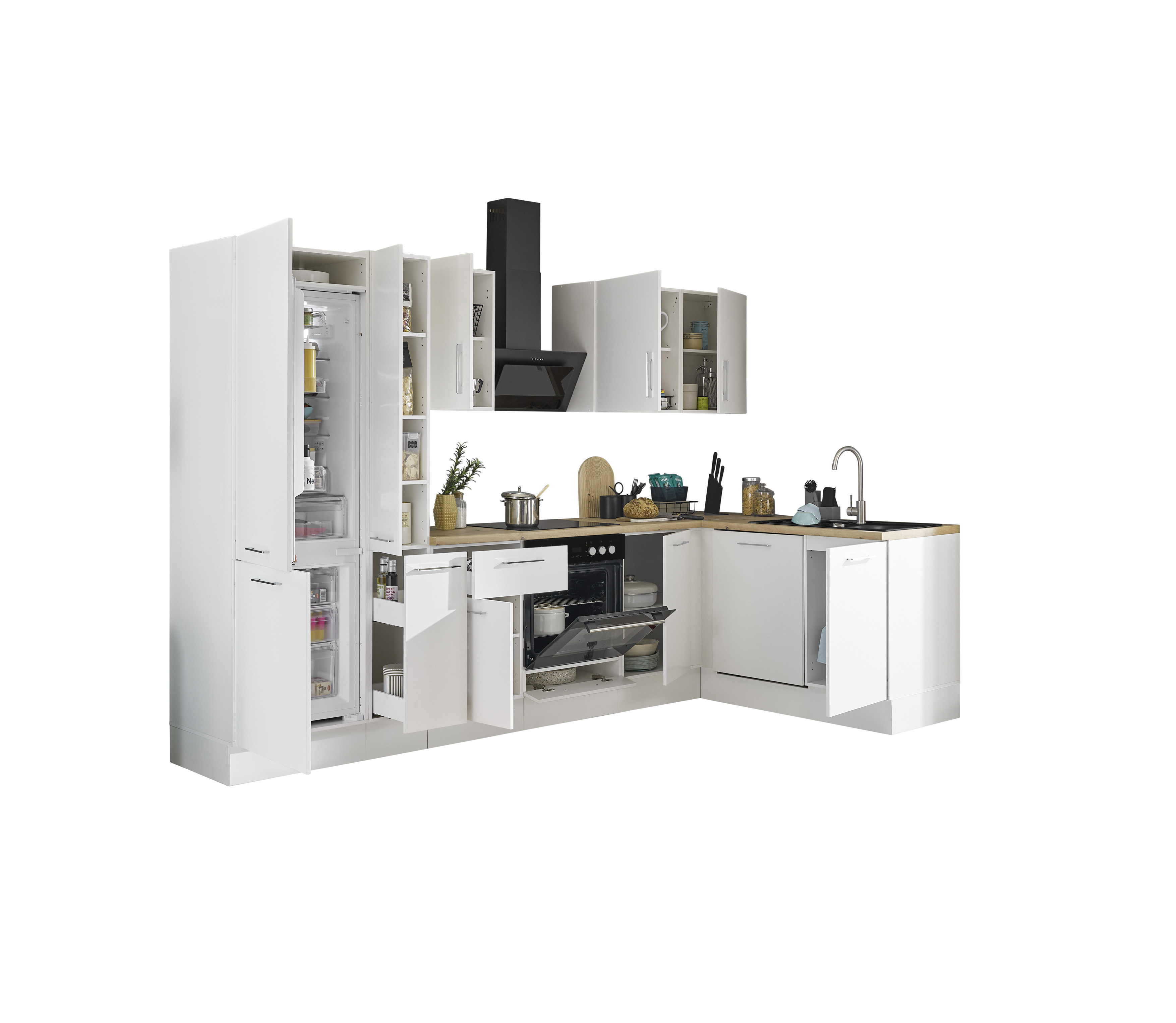 Küchenblock mit E-Geräten CORNWALL (Ecke-Geschirrspüler-Kühlschrank-Apotheker) II